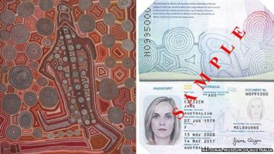 Australian passport with Uta-Uta          Tjangal’s Yumari design.